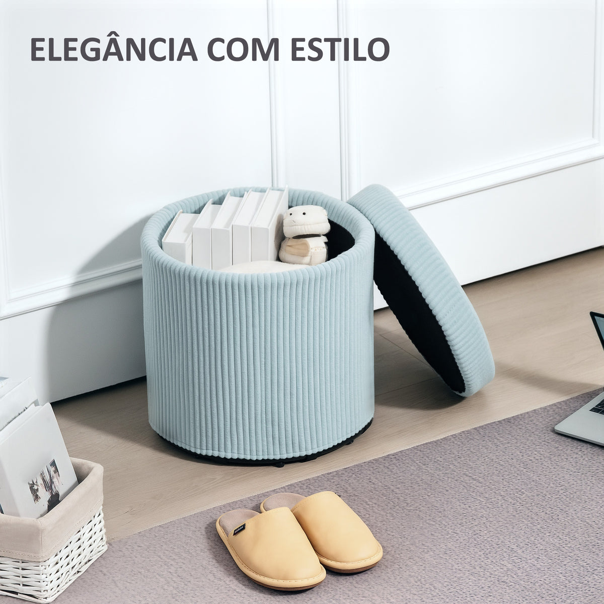 Puff de Arrumação Baú de Arrumação Redondo Estofado em Veludo Cotelê Assento Acolchoado Tampa Removível para Corredor Quarto Sala Ø40x41 cm Azul Claro — foto 4