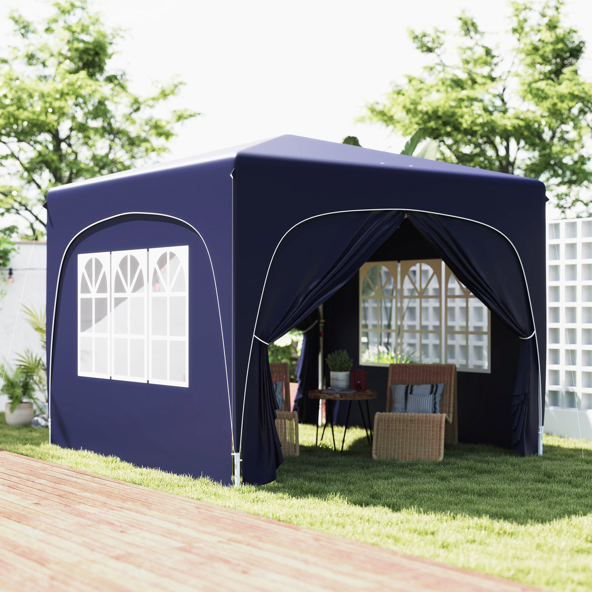 Tenda Dobrável Tenda 3x3 m com Painéis Laterais UPF50+ Tenda de Jardim com Altura Ajustável e Bolsa de Transporte para Campismo Festas Pátio Azul Escuro — foto 2