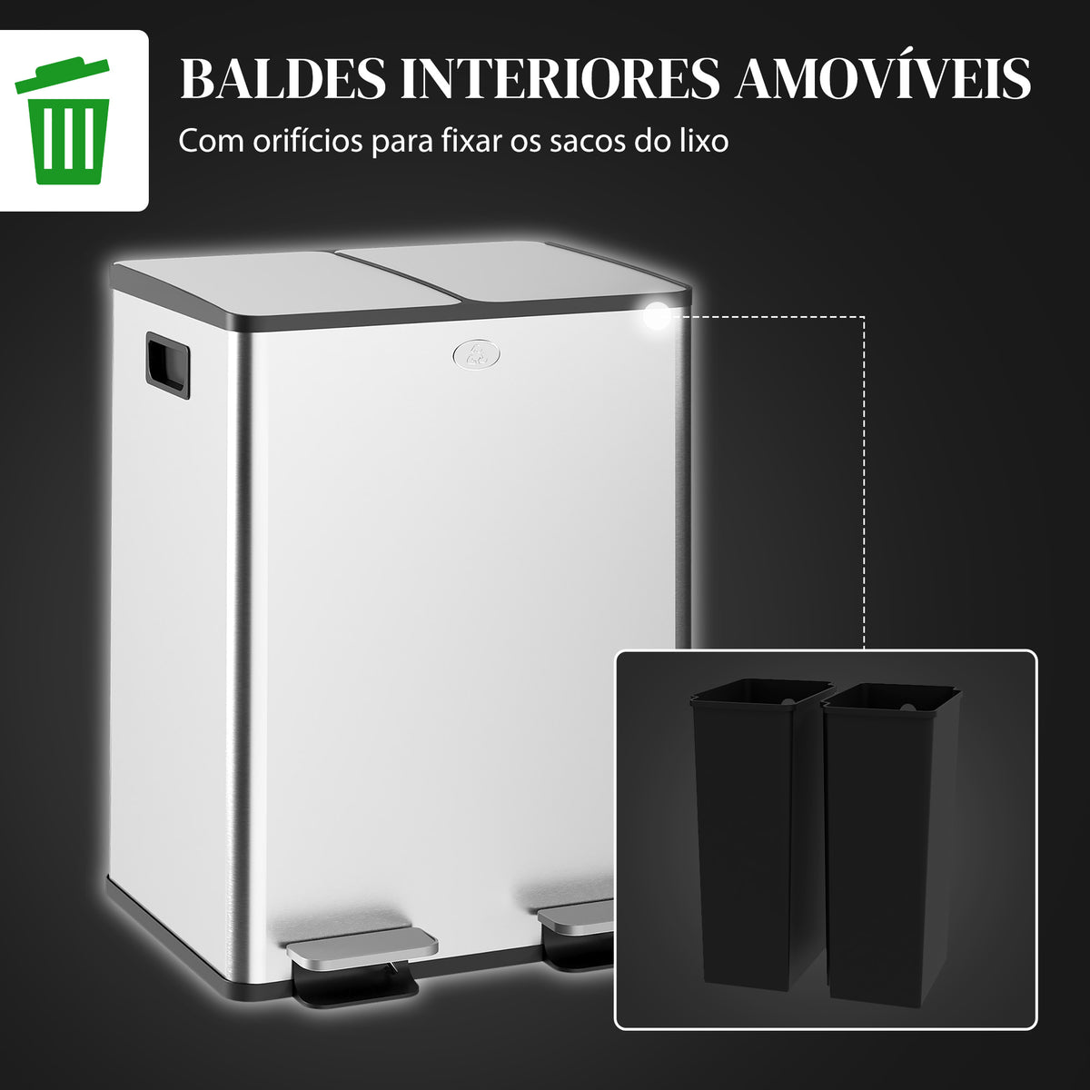 Balde de Lixo de Cozinha com 2 Compartimentos 2x20L Cubo de Lixo de Aço Inoxidável com Pedal Tampa de Fechamento Suave e Cubo Amovível para Escritório Cozinha Prata — foto 7