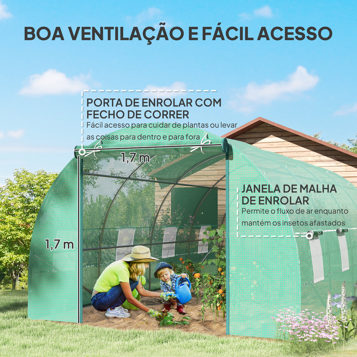 Estufa Tipo Túnel 600x300x200cm com Porta Enrolável 8 Janelas Cobertura de PE 140g/m² e Tubo de Aço para Cultivos de Plantas Verduras Verde — foto 5