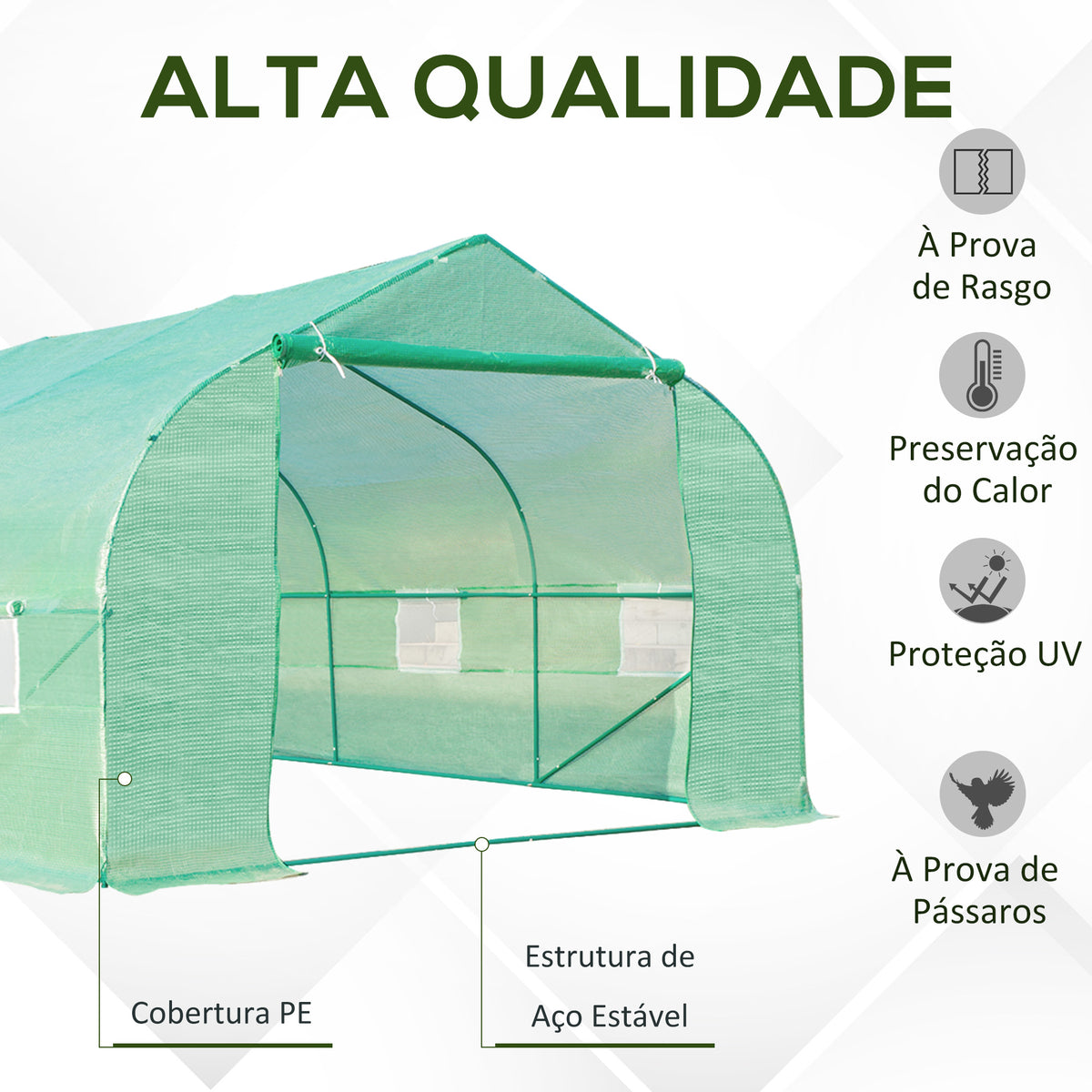 Estufa Tipo Túnel de Jardim 600x300x200cm para Cultivo de Plantas Verduras com 8 Janelas e Porta Enroláveis com Zíper Aço Verde — foto 4