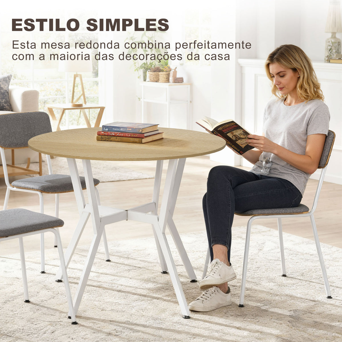 Mesa de Refeição Redonda Mesa de Jantar Estilo Industrial com Bancada de Madeira e Estrutura de Aço para Sala de Jantar Carga 60kg Ø90x76 cm Madeira e Branco — foto 4