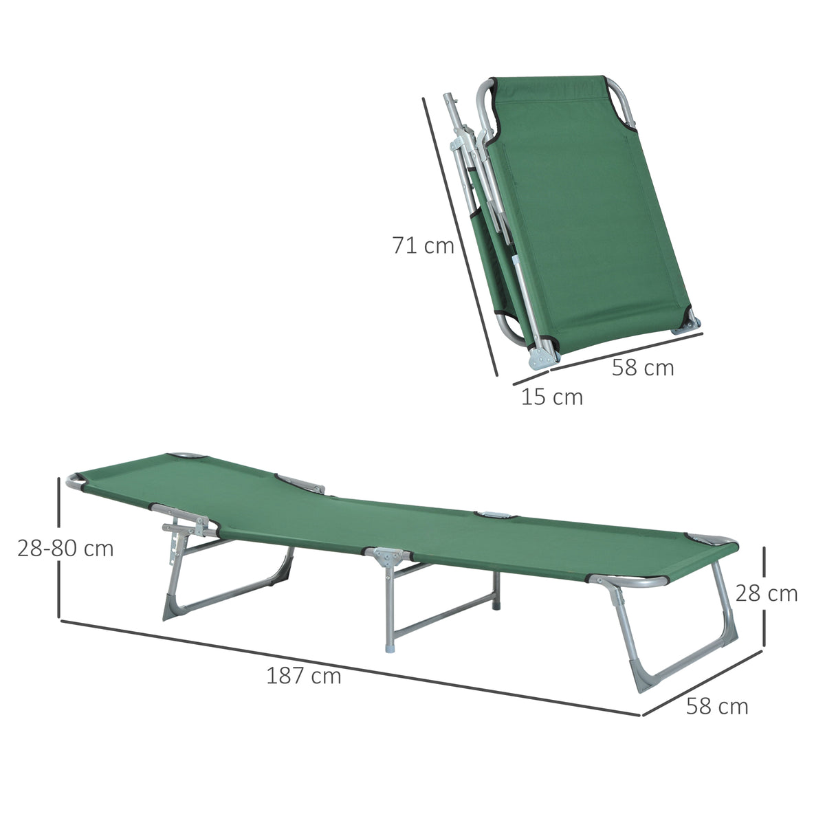 Espreguiçadeira Dobrável e Reclinável em 4 Posições Espreguiçadeira de Campismo com Estrutura Metálica e Tecido Oxford para Exterior 187x58x28 cm Verde — foto 3