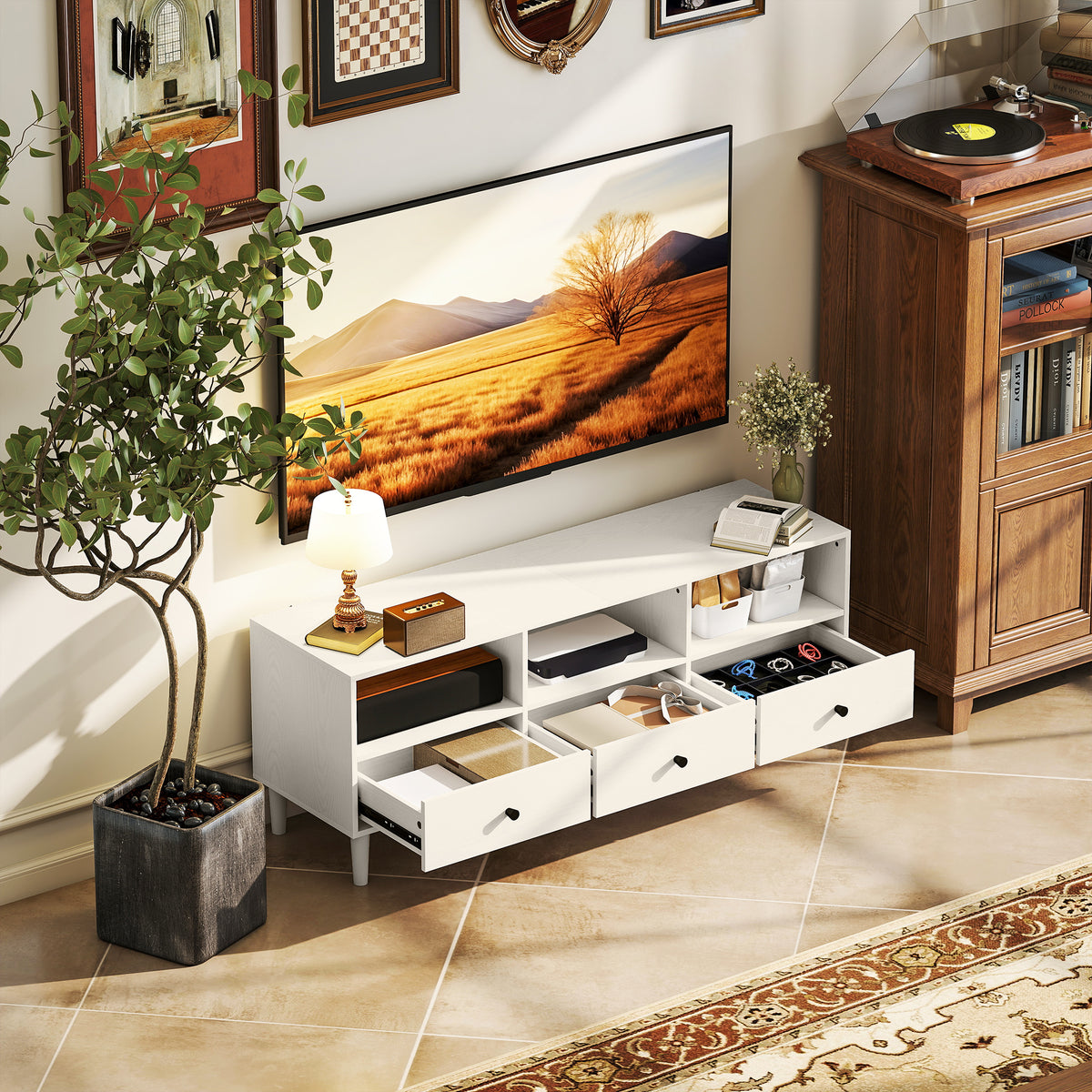 Móvel de TV Moderno Móvel de TV para Sala de Estar com 3 Compartimentos Abertos 3 Gavetas e Orifício para Cabos para Televisão de 45/55/65 Polegadas 120x34x45 cm Branco — foto 2