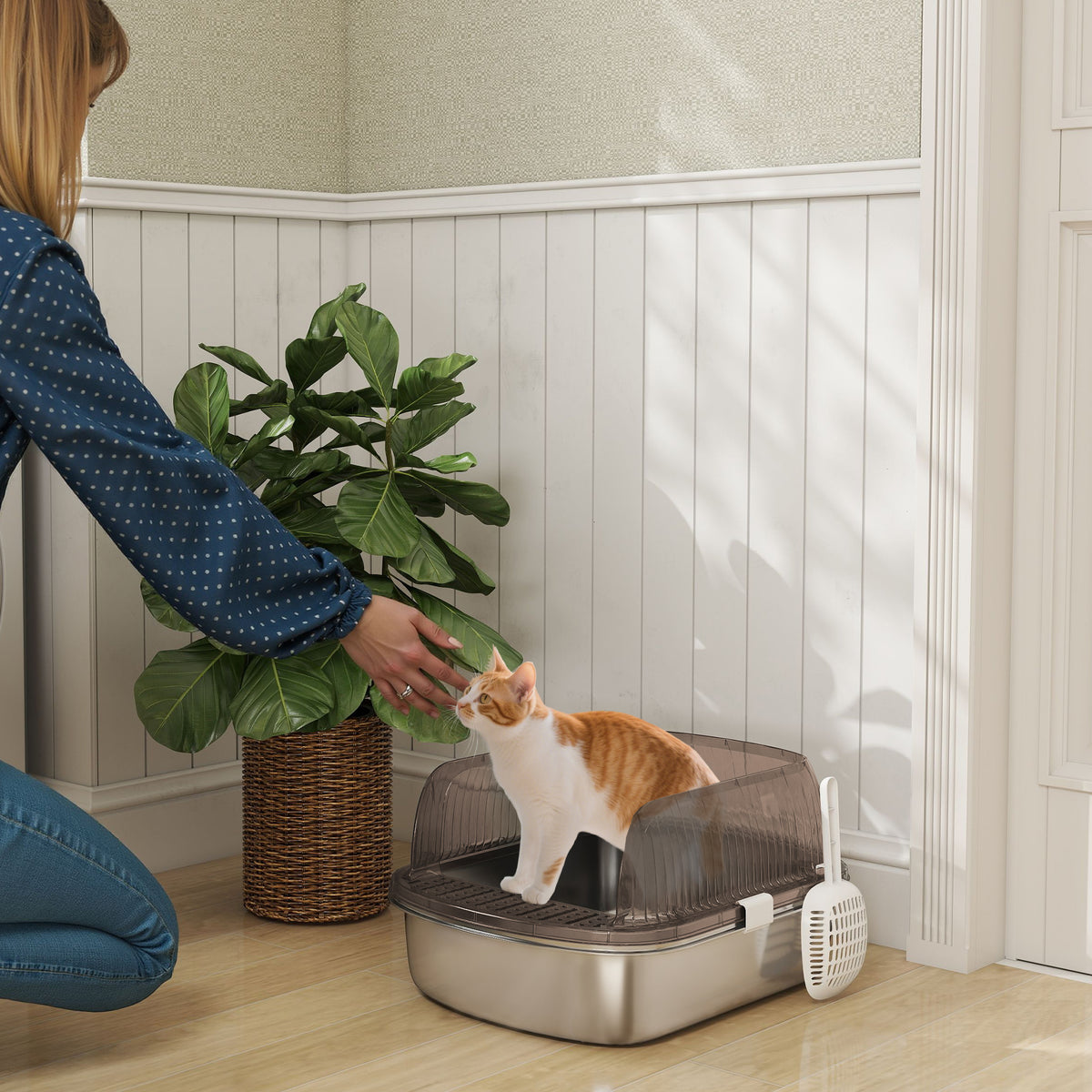 Caixa de Areia para Gatos Coberto Extra Grande Caixa de Areia Fechada com Bandeja em Aço Inoxidável Bordas Altas Pá e Zona para Queda de Areia para Gatos Grandes 53x42x27 cm Cinzento — foto 2