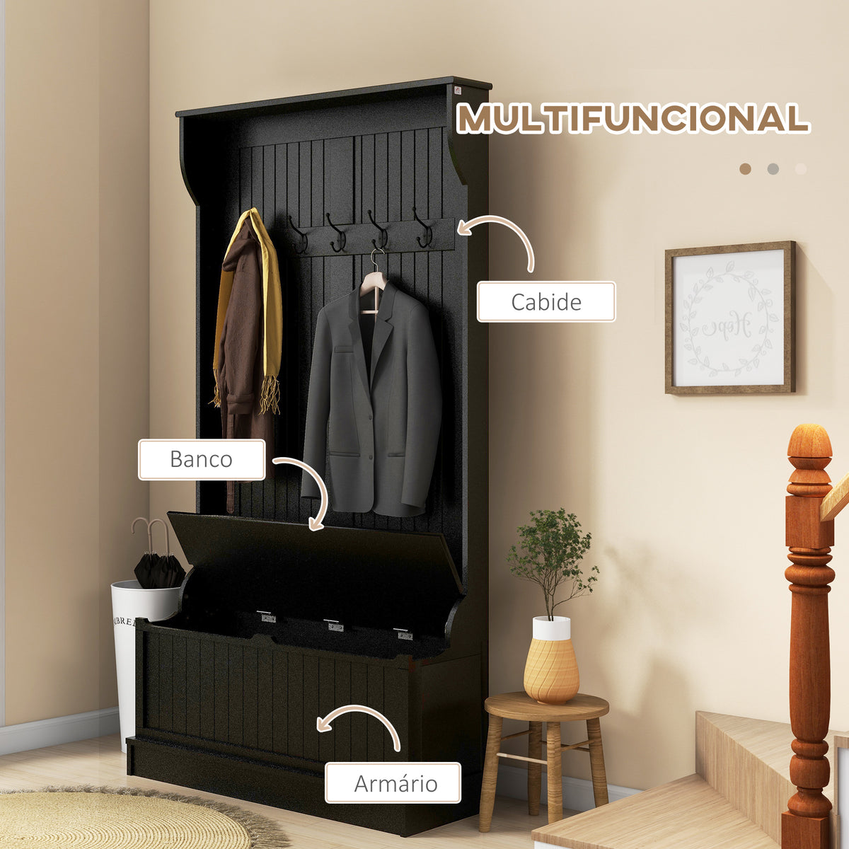 Móvel Cabide de Entrada com Banco Armário de Entrada com Cabide 5 Ganchos e Espaço de Armazenamento 96x34x179,7 cm Preto — foto 4