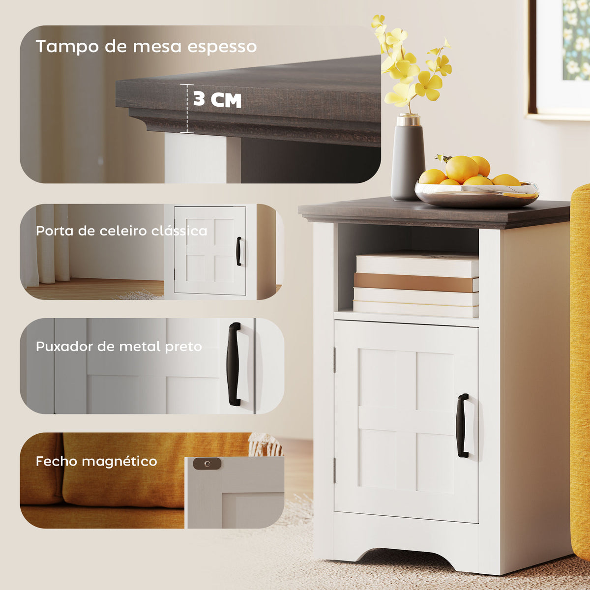 Conjunto de 2 Mesas Auxiliares para Sala Mesas de Cabeceira com Porta Estilo Celeiro e Prateleira Aberta Mesas de Centro Pequenas Rústicas para Dormitório 40x35x60 cm Branco — foto 5
