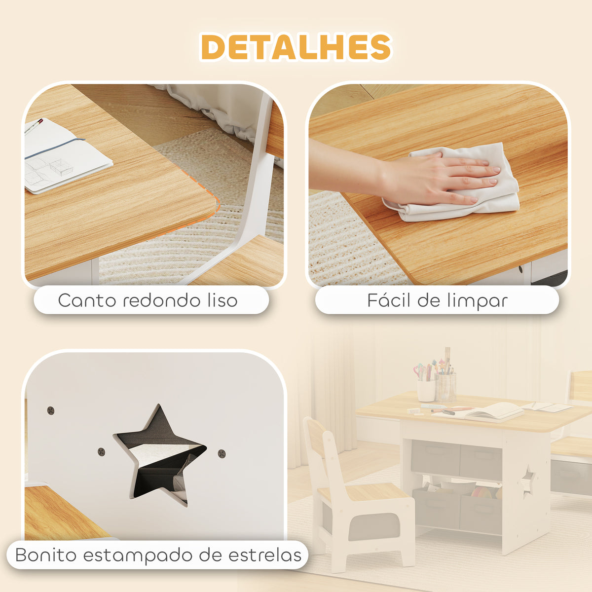 Mesa Infantil com 2 Cadeiras Mesa e Cadeiras para Crianças com 6 Gavetas de Tecido Desenho Estrelas para Meninos e Meninas de 3-8 Anos para Casa Escola Infantil Salas de Aula Madeira e Branco — foto 6