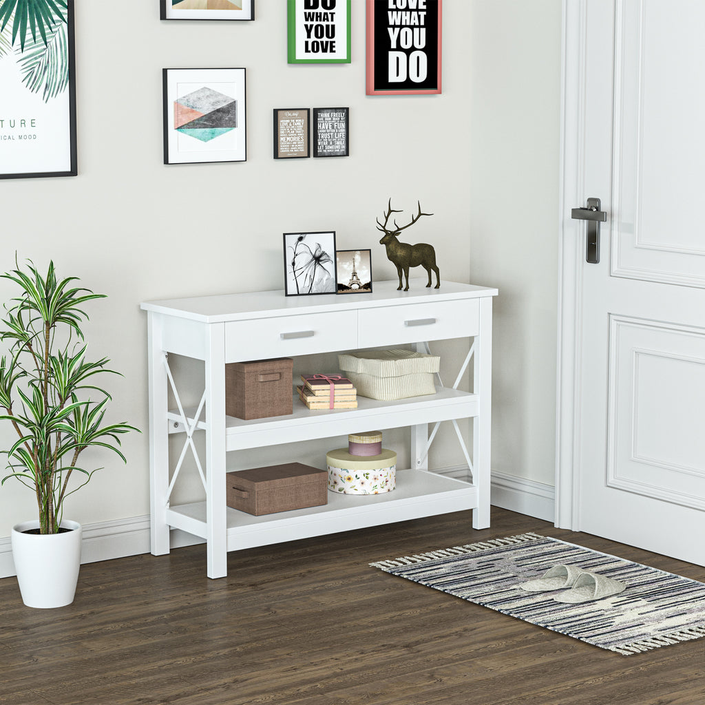 Mesa de console de estilo moderno com 2 gavetas e prateleiras inferiores 105x40x76 cm Branco — foto 2