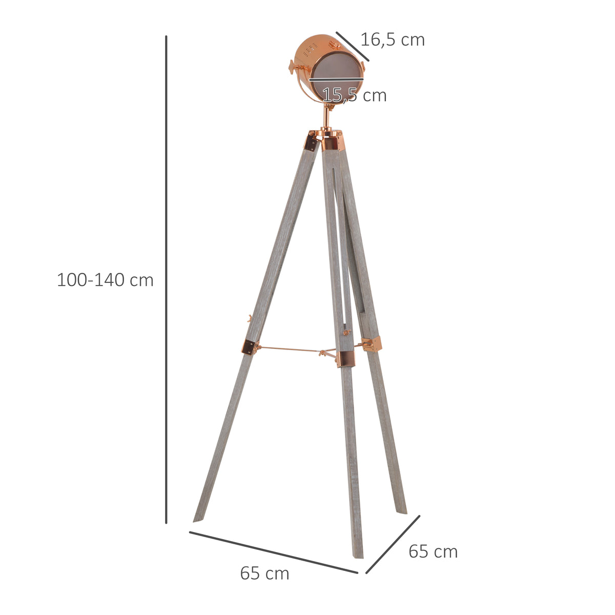 Candeeiro de Pé com Tripé de Madeira Suporte para Lâmpada E14 Máx. 25W IP20 Altura Ajustável Interruptor de Pé Candeeiro de Pé para Sala de Estar Dormitório Escritório Ø65x100-140cm Madeira Envelhecida e Ouro Rosa — foto 3