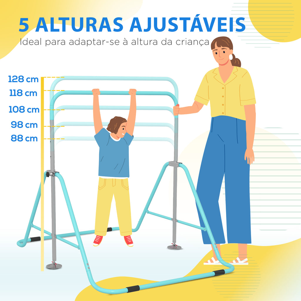 Barra de Ginástica Artística Barra Horizontal Dobrável com Altura Ajustável Equipamento de Ginástica para Treino em Casa para Crianças 154x106,2x88,5-128,5 cm Azul Celeste — foto 4