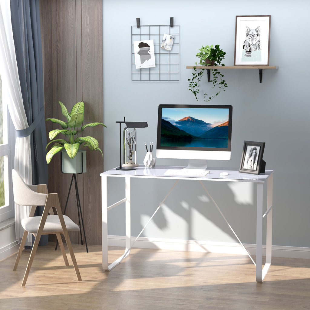 Secretária com Bancada de Vidro Temperado Carga Máxima 80kg Estilo Moderno para Escritório Estúdio Dormitório 120x60x74,5cm Branco — foto 2