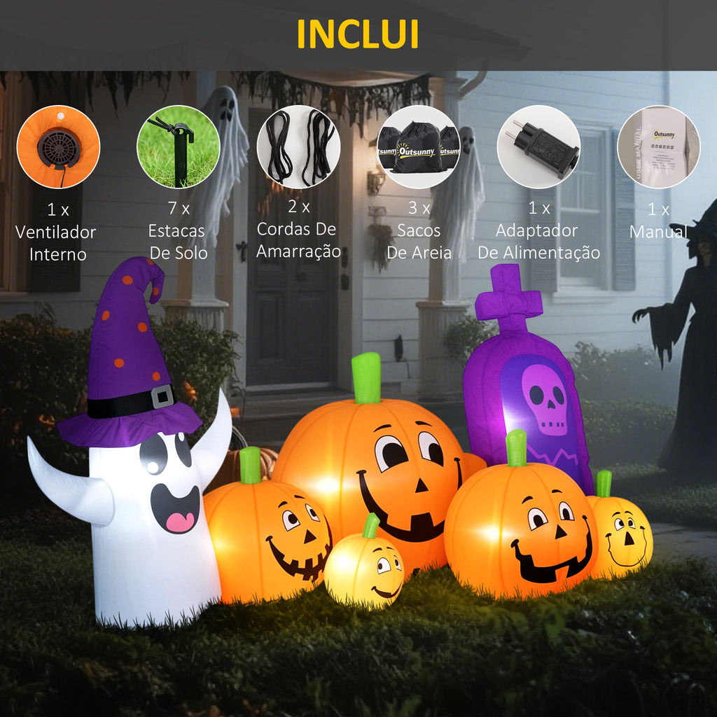 Abóbora Insuflável de Halloween com Fantasma e Lápida Decoração de Halloween com Luzes LED IP44 e Insuflador para Jardim Festas Exterior 240x130x130 cm Multicolor — foto 6