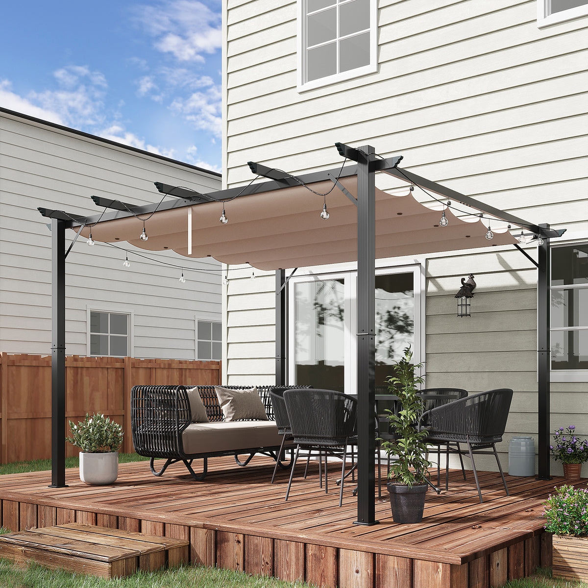 Pérgola de Jardim 3x3 m com Toldo de Poliéster Retrátil e Estrutura de Alumínio para Exterior Pátio Cinza e Marrom — foto 2