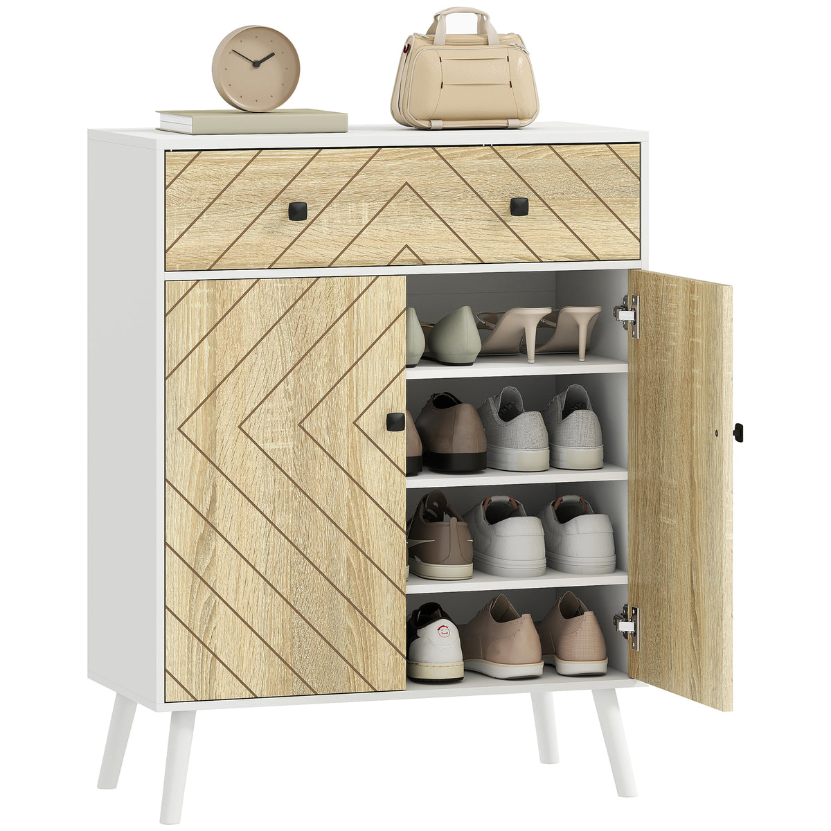 Sapateira de 2 Portas com Design em Espiga Sapateira para Entrada com Prateleiras Ajustáveis Gaveta para 12 Pares de Sapatos 75x35x97 cm Branco e Madeira — foto 1