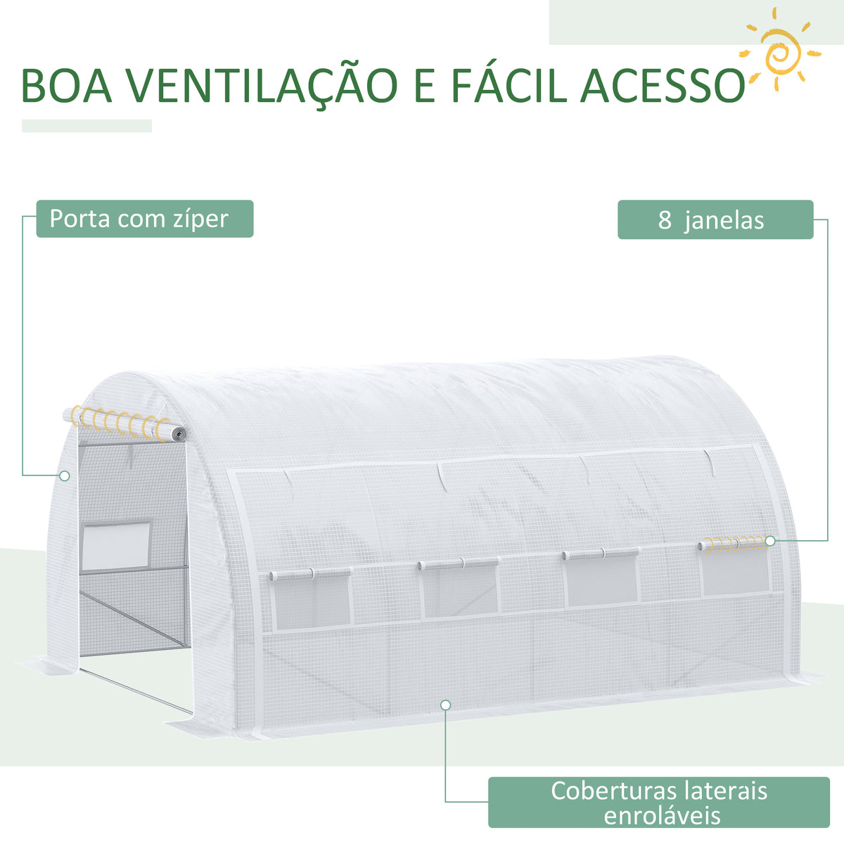 Estufa Tipo Túnel de Jardim 4x3x2m com Porta Enrolável 8 Janelas Cobertura de PE 140g/m² e Metal Galvanizado para Cultivos de Plantas Verduras Branco — foto 5