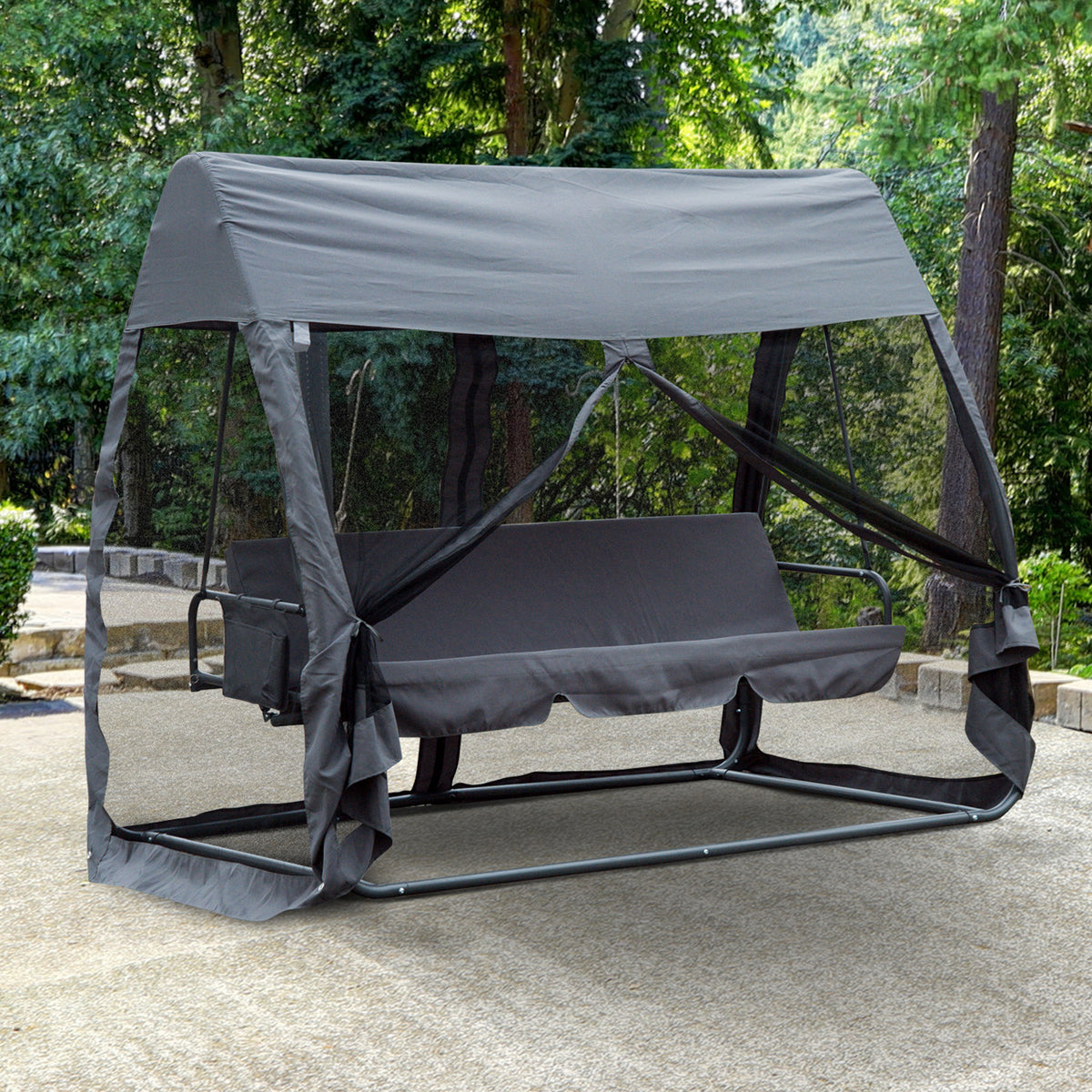 Baloiço de Jardim de 3 Lugares Convertível em Cama com Rede Mosquiteira para Terraço Balcão Exterior Carga Máxima 300kg 240x140x197cm Cinza — foto 2