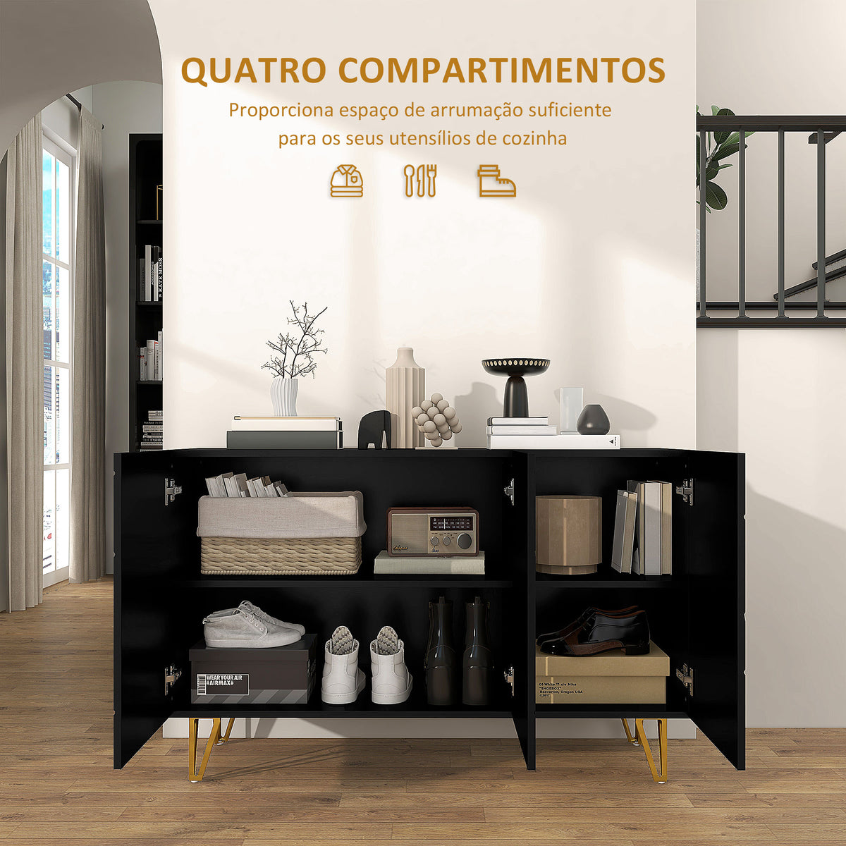 Aparador para Sala Aparador de Entrada com 3 Portas e Prateleiras Ajustáveis Armário de Armazenamento para Cozinha Sala 120x40x75 cm Preto Brilhante — foto 5