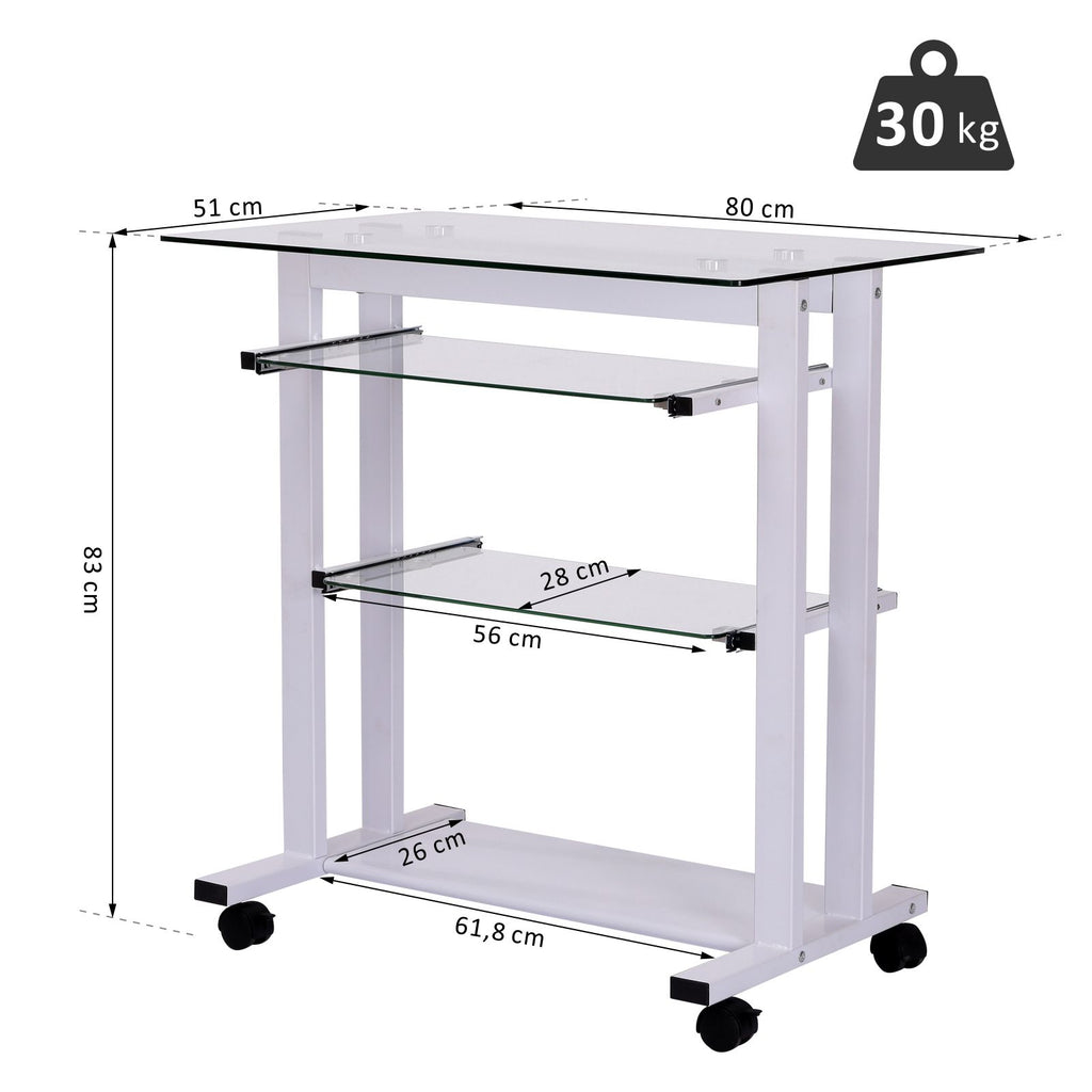 Secretária com Rodas Mesa para Computador com Bancada e Prateleiras de Cristal para Dormitório Escritório 80x51x83cm Branco — foto 3