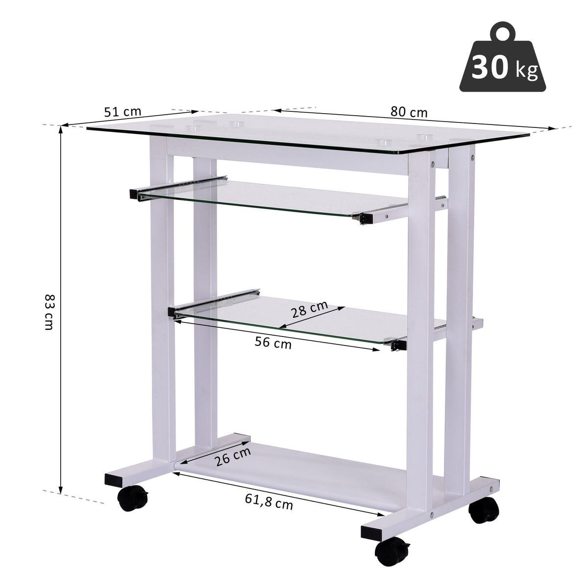 Secretária com Rodas Mesa para Computador com Bancada e Prateleiras de Cristal para Dormitório Escritório 80x51x83cm Branco — foto 3