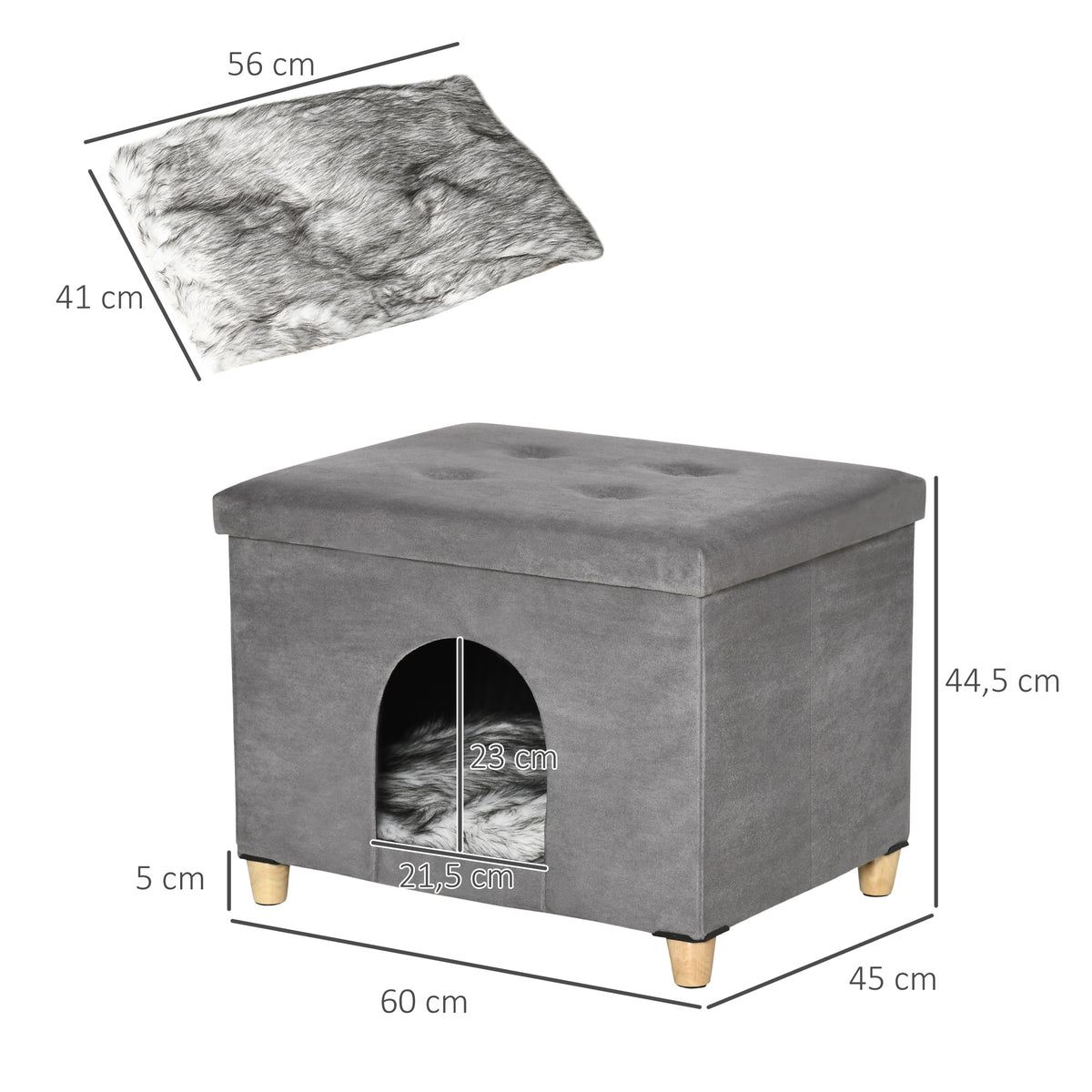 Caverna para Gatos 2 em 1 Banco para Apoio dos Pés com Tampa Removível Orifício de Entrada Almofada Lavável e Pés Elevados de Madeira para Interior 60x45x44,5cm Cinza — foto 3