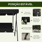 Baloiço de Jardim de 3 Lugares com Almofada Toldo Ajustável e Estrutura de Aço para Balcão Terraço Patio Carga Máx. 200 kg 172x110x153 cm Preto — foto 5