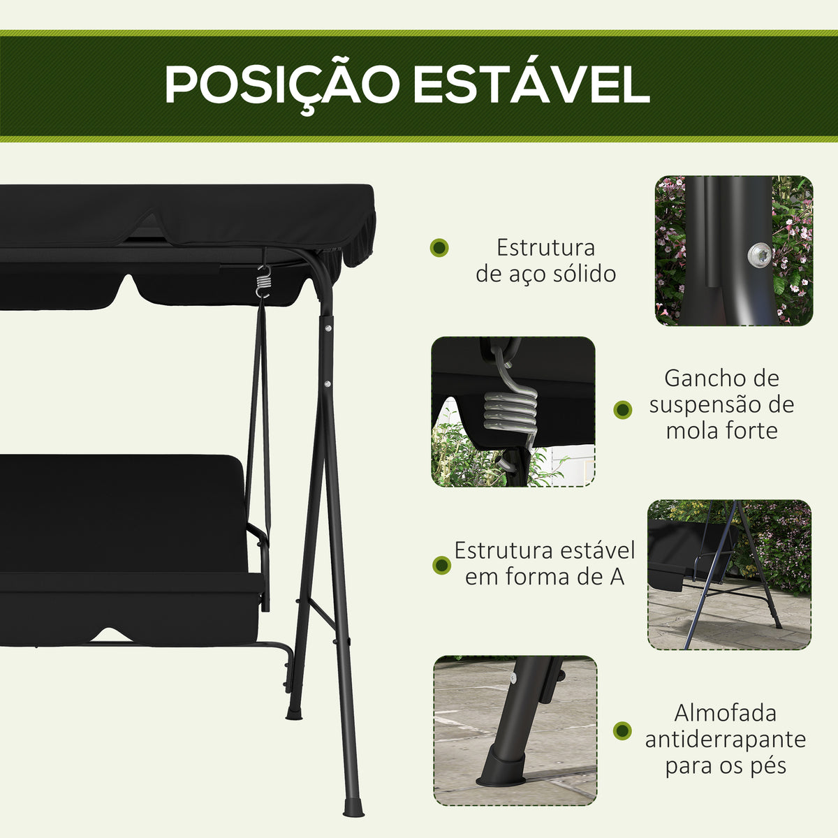 Baloiço de Jardim de 3 Lugares com Almofada Toldo Ajustável e Estrutura de Aço para Balcão Terraço Patio Carga Máx. 200 kg 172x110x153 cm Preto — foto 5