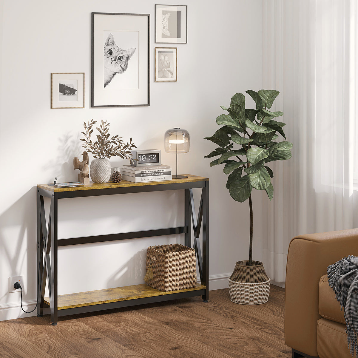 Mesa Consola de Estilo Industrial Mesa de Entrada de 2 Níveis com Estação de Carregamento e Estrutura de Aço para Sala Corredor 100x24x75 cm Castanho Rústico — foto 2