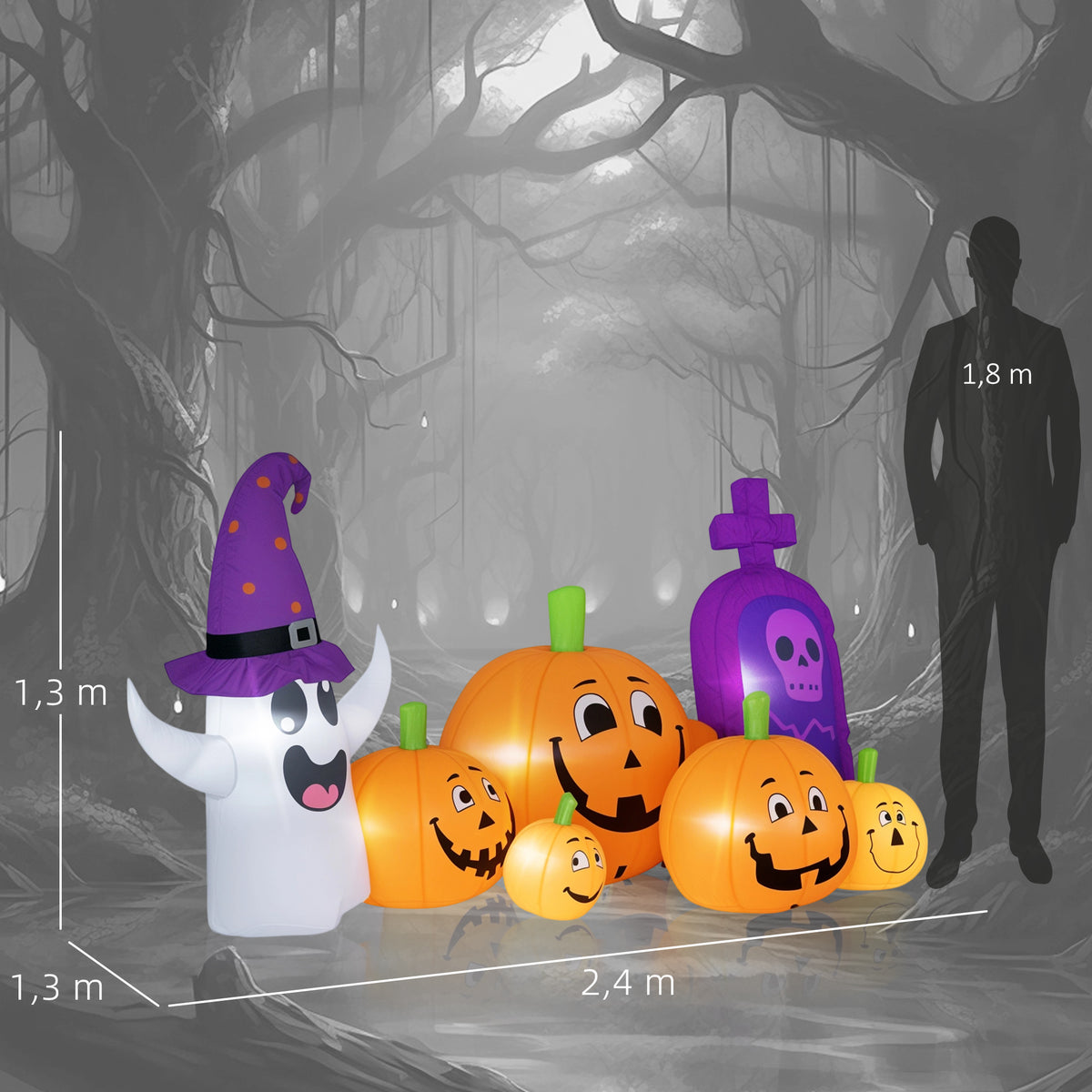 Abóbora Insuflável de Halloween com Fantasma e Lápida Decoração de Halloween com Luzes LED IP44 e Insuflador para Jardim Festas Exterior 240x130x130 cm Multicolor — foto 3