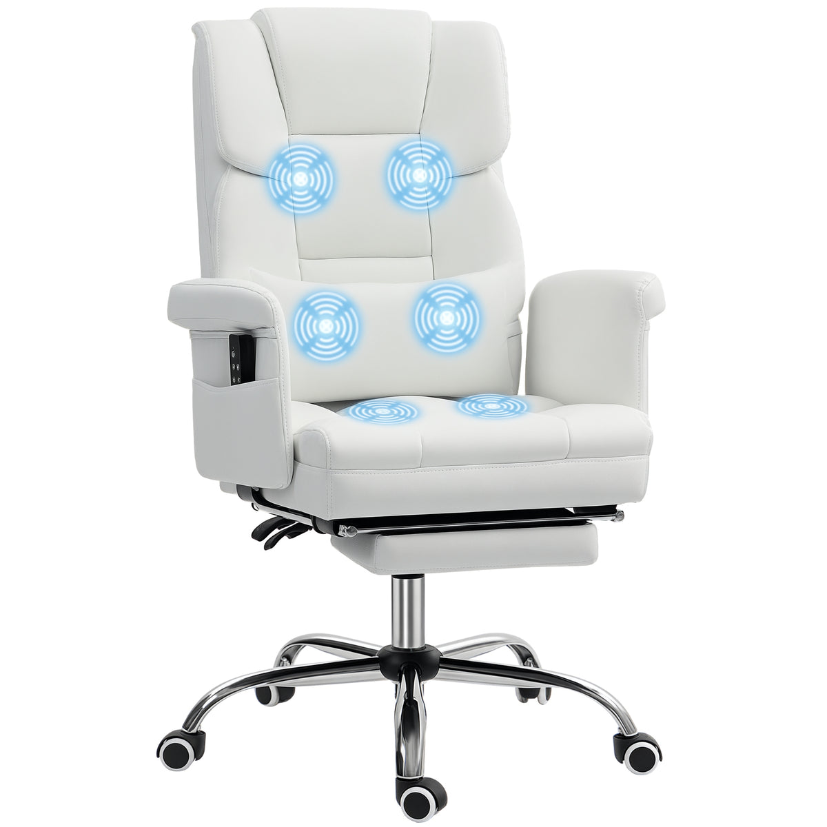 Cadeira de Massagem com 6 Pontos de Massagem Cadeira de Escritório com Apoio para os Pés Retrátil Altura Ajustável Controlo Remoto e Suporte Lombar Estofado em PU 69x65x107-115 cm Branco — foto 1