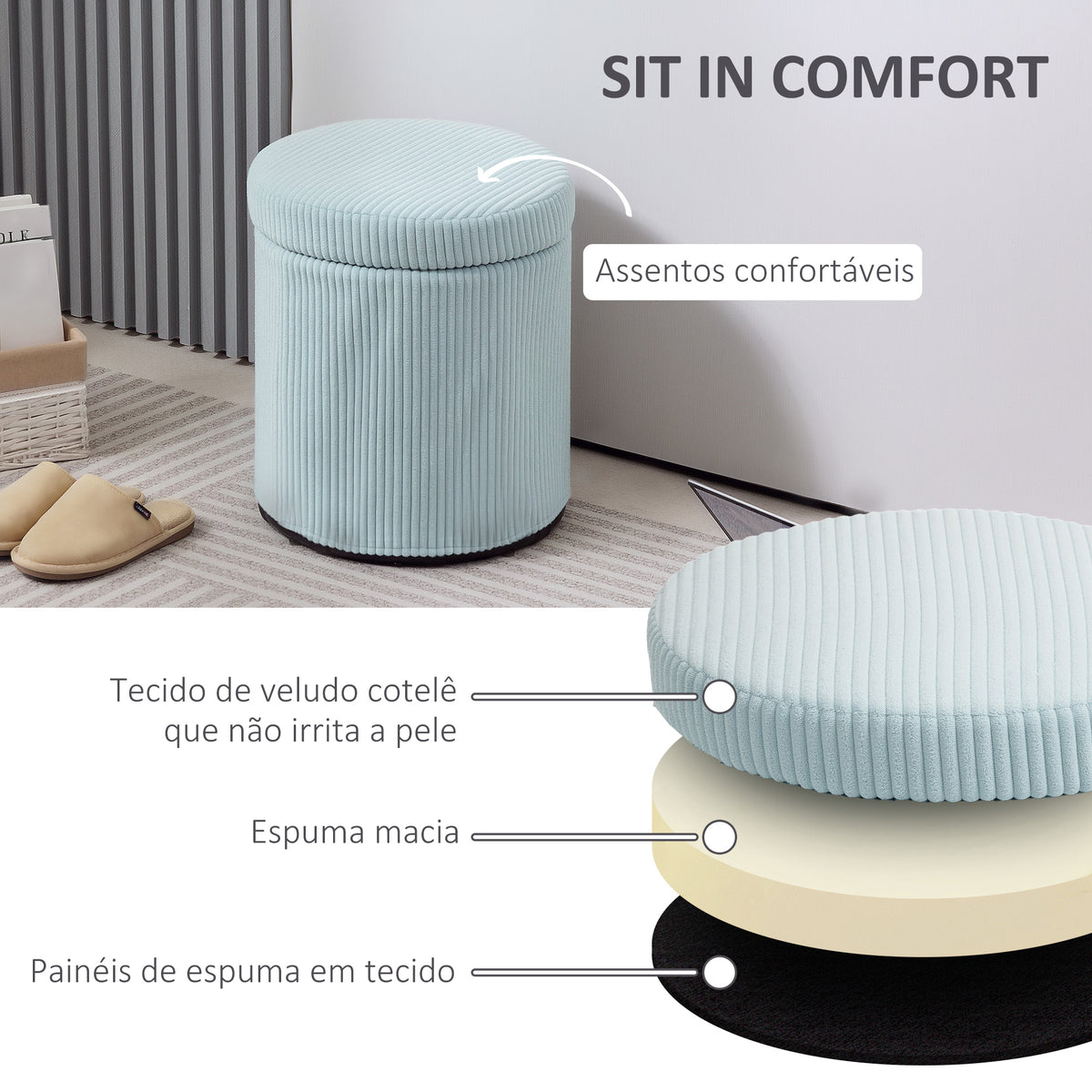 Puff de Arrumação Baú de Arrumação Redondo Estofado em Veludo Cotelê Assento Acolchoado Tampa Removível para Corredor Quarto Sala Ø40x41 cm Azul Claro — foto 5