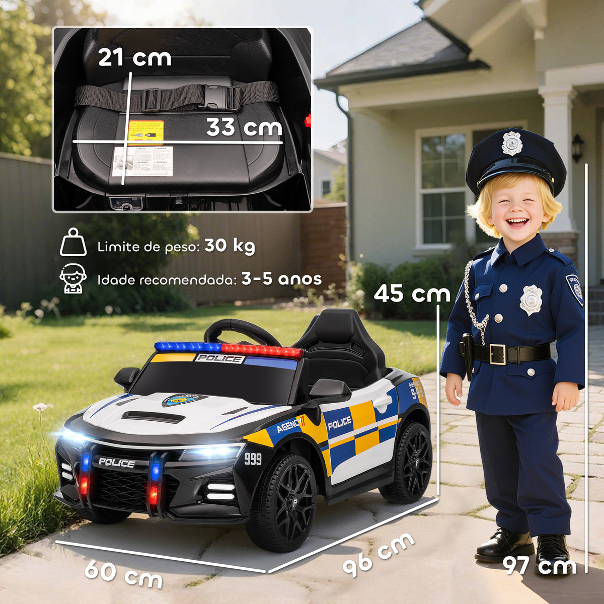 Carro Elétrico Infantil Modelo Policial 12V com Comando a Distância 2,4 Luzes Sirene Música USB e Suspensão 96x60x45 cm Multicor — foto 3