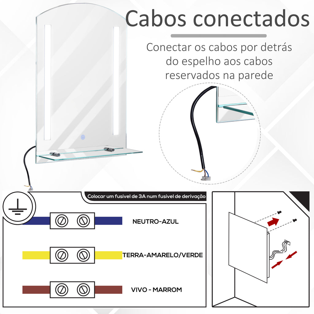 Espelho para banheiro com luz LED 16W Interruptor de toque e prateleira inferior Cabo de 1m Estrutura de alumínio 70x50x2,7 cm prata — foto 6