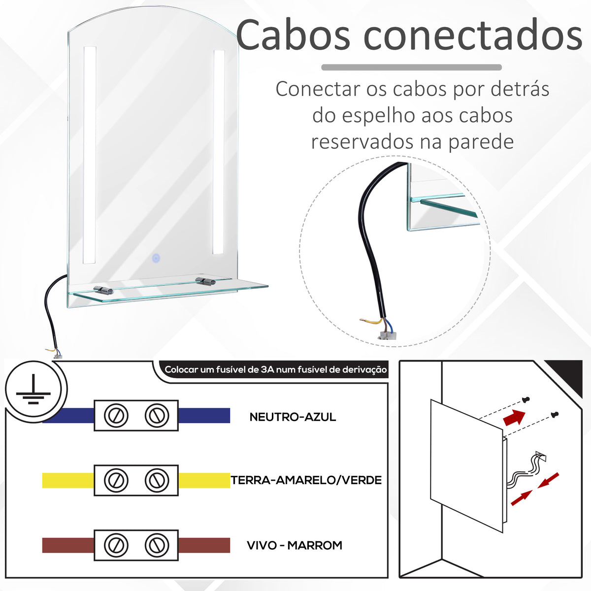 Espelho para banheiro com luz LED 16W Interruptor de toque e prateleira inferior Cabo de 1m Estrutura de alumínio 70x50x2,7 cm prata — foto 6