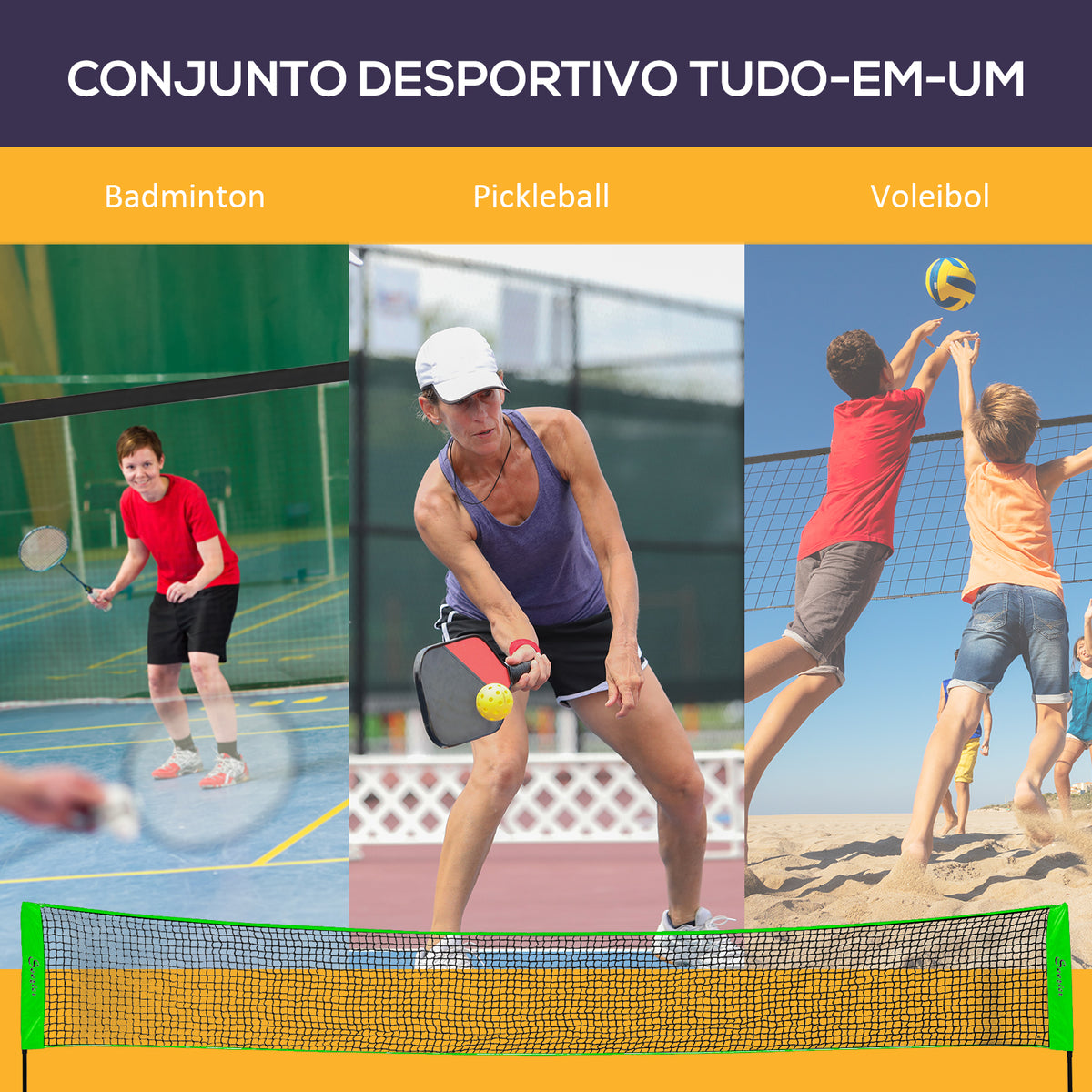 Kit de Badminton de 7 Peças Jogo de Badminton com 2 Raquetes 3 Badminton 2 Raquetes de Pickleball 2 Bolas de Pickleball Bola de Voleibol e Rede com Suporte Preto e Verde — foto 4