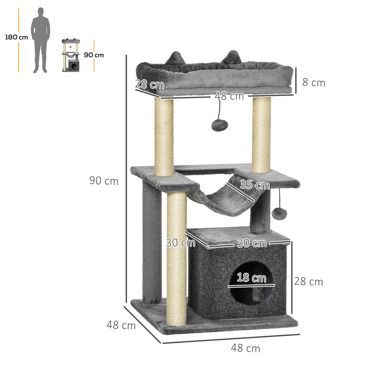 Arranhador para Gatos Altura 90 cm Torre para Gatos de 3 Níveis com Caverna Rede Plataforma Bolas Suspensas e Poste de Sisal 48x48x90 cm Cinza — foto 3