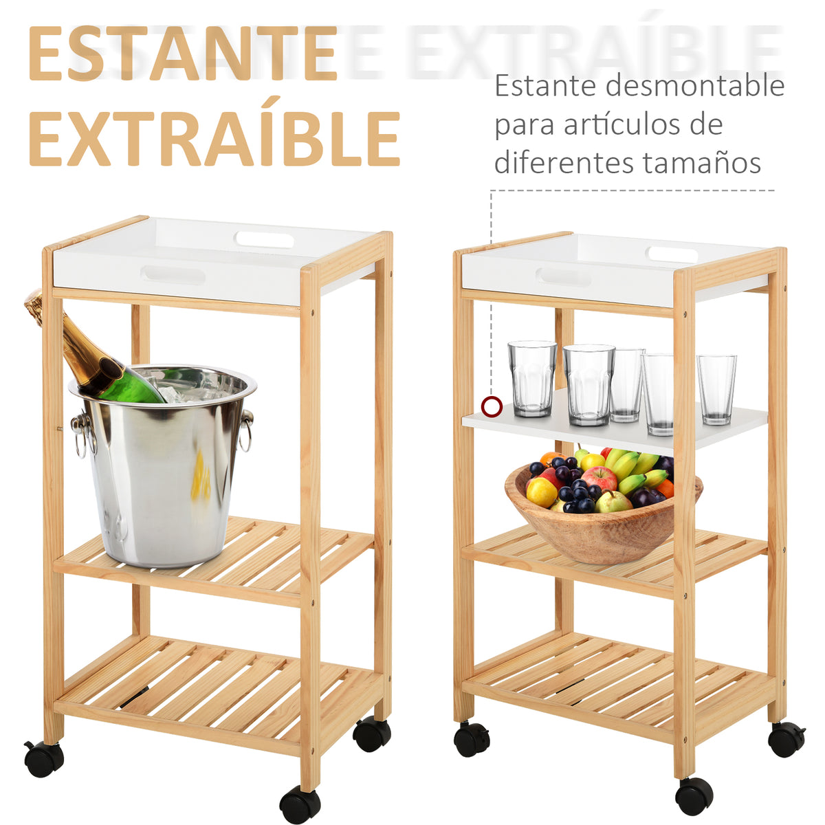 Carrinho de cozinha Carrinho de serviço doméstico de 4 niveis com bandeja removível Prateleira universal de rodas 40x30x76cm Madeira branca — foto 4