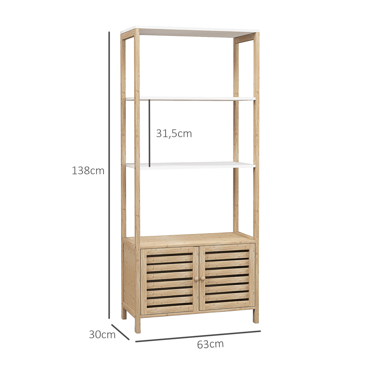 Estante para Casa de Banho de Bambu com 3 Prateleiras Abertas Estante de Arrumação Casa de Banho com Portas Ripadas 63x30x138 cm Madeira e Branco — foto 3