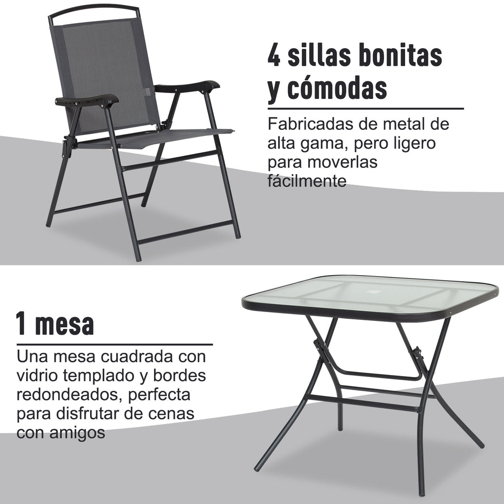 5 peças jardim conjunto de jantar cadeiras dobráveis e mesas de café Móveis de exterior com furo de guarda-sois — foto 5
