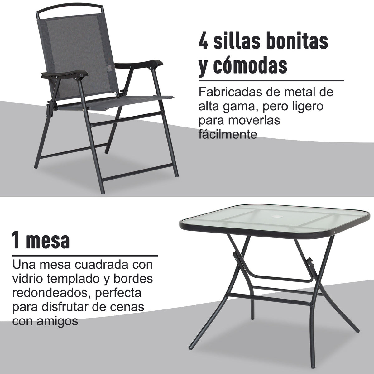 5 peças jardim conjunto de jantar cadeiras dobráveis e mesas de café Móveis de exterior com furo de guarda-sois — foto 5