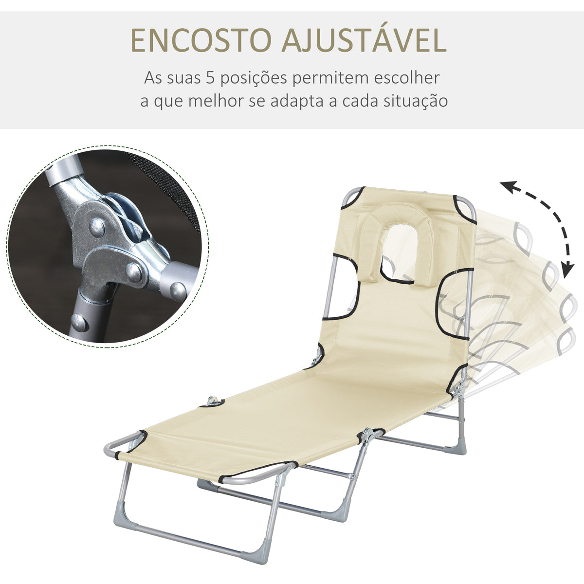 Espreguiçadeira de Jardim Reclinável e Dobrável com Orifício de Leitura Apoio para Cabeça e Encosto Ajustável em 4 Níveis para Praia 182x56x24,5 cm Bege — foto 5