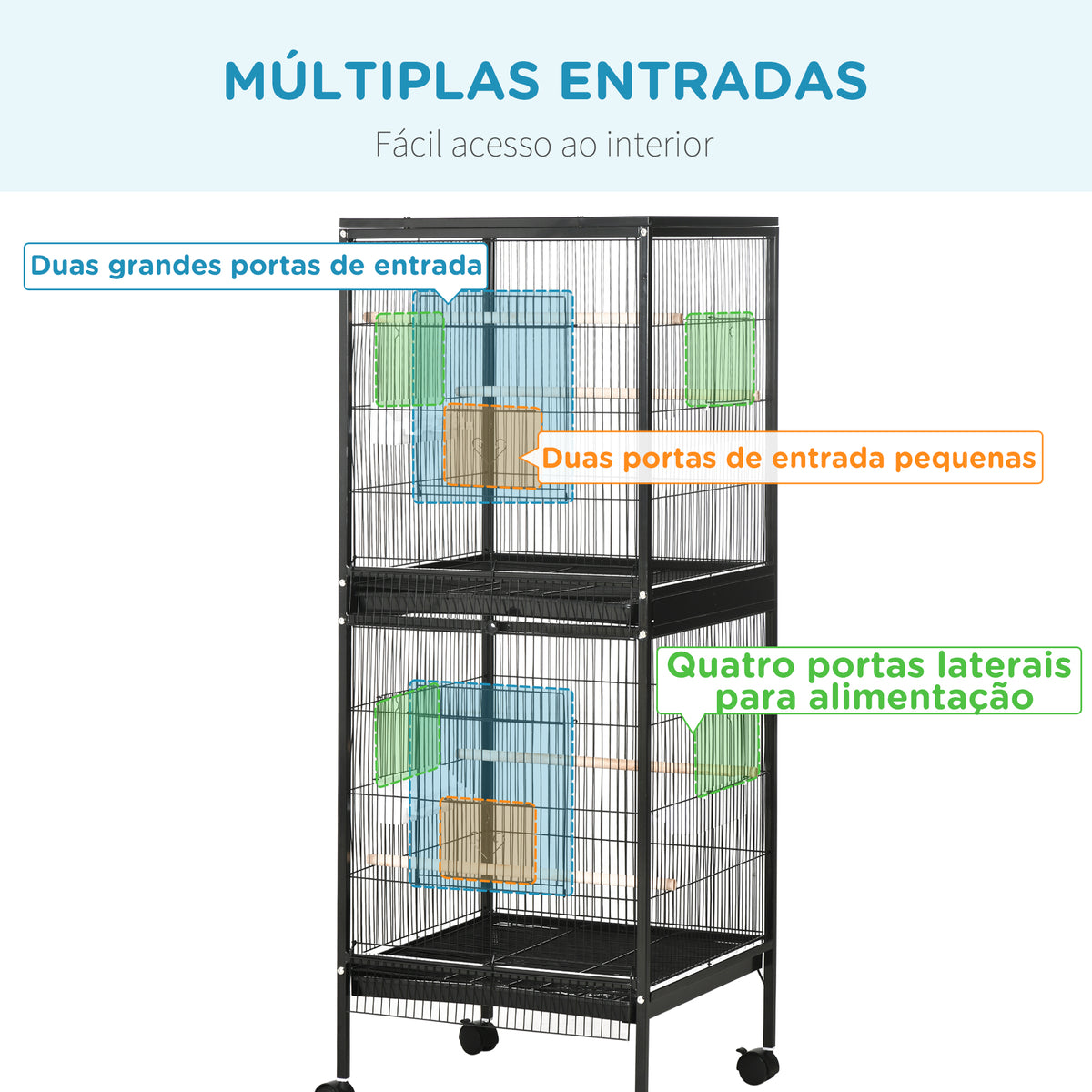 Gaiola para Pássaros com Rodas Gaiola Grande de 2 Níveis com Bandejas Removíveis Portas Comedouros Poleiros para Canários Periquitos 51,5x50x140 cm Preto — foto 5