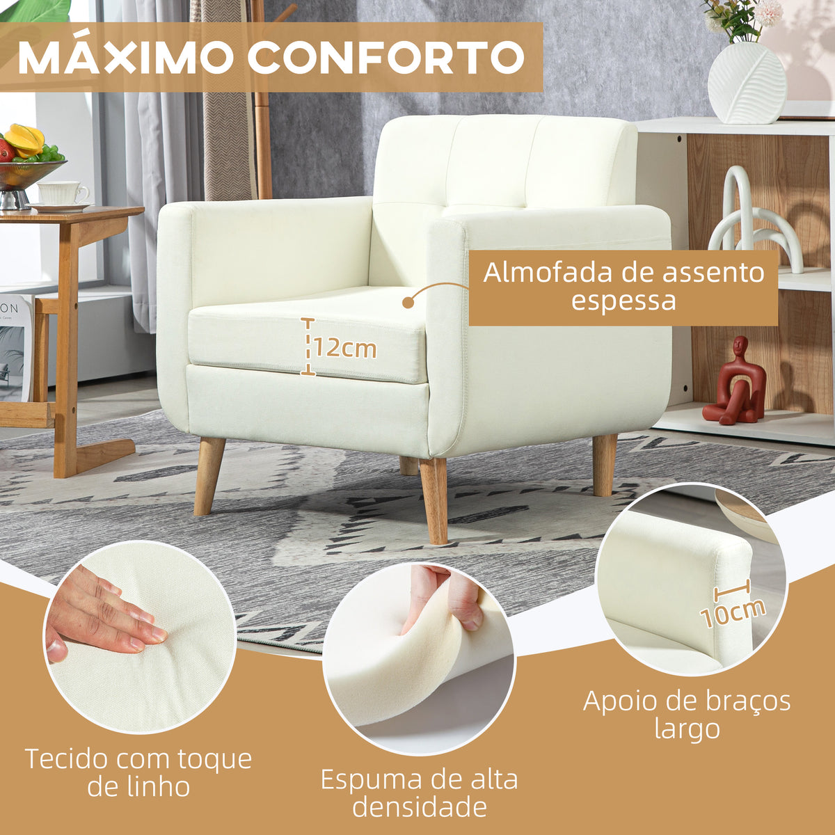 Poltrona Sala de Estar Moderna Poltrona Dormitório com Apoio para os Braços e Pés de Madeira Sofá Individual para Escritório Carga 125 kg 78x70x75 cm Creme — foto 5