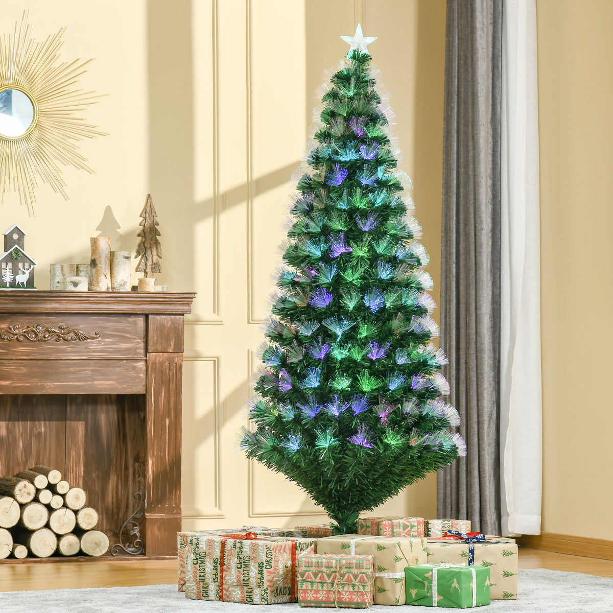 Árvore de Natal de Fibra Óptica Grande Altura 180 cm Estrela e 7 Luzes Coloridas Árvore de Natal Artificial Ø84x180cm Verde — foto 2