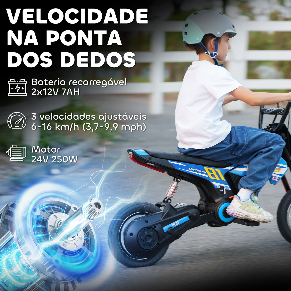 Mota Elétrica para Crianças 24V Mota Elétrica Infantil com Motor 250W Velocidade de 6-16km/h Rodas de Ø30,5 cm e Suspensão Traseira para Crianças de 8-12 Anos 119x64x76,5 cm Azul — foto 4