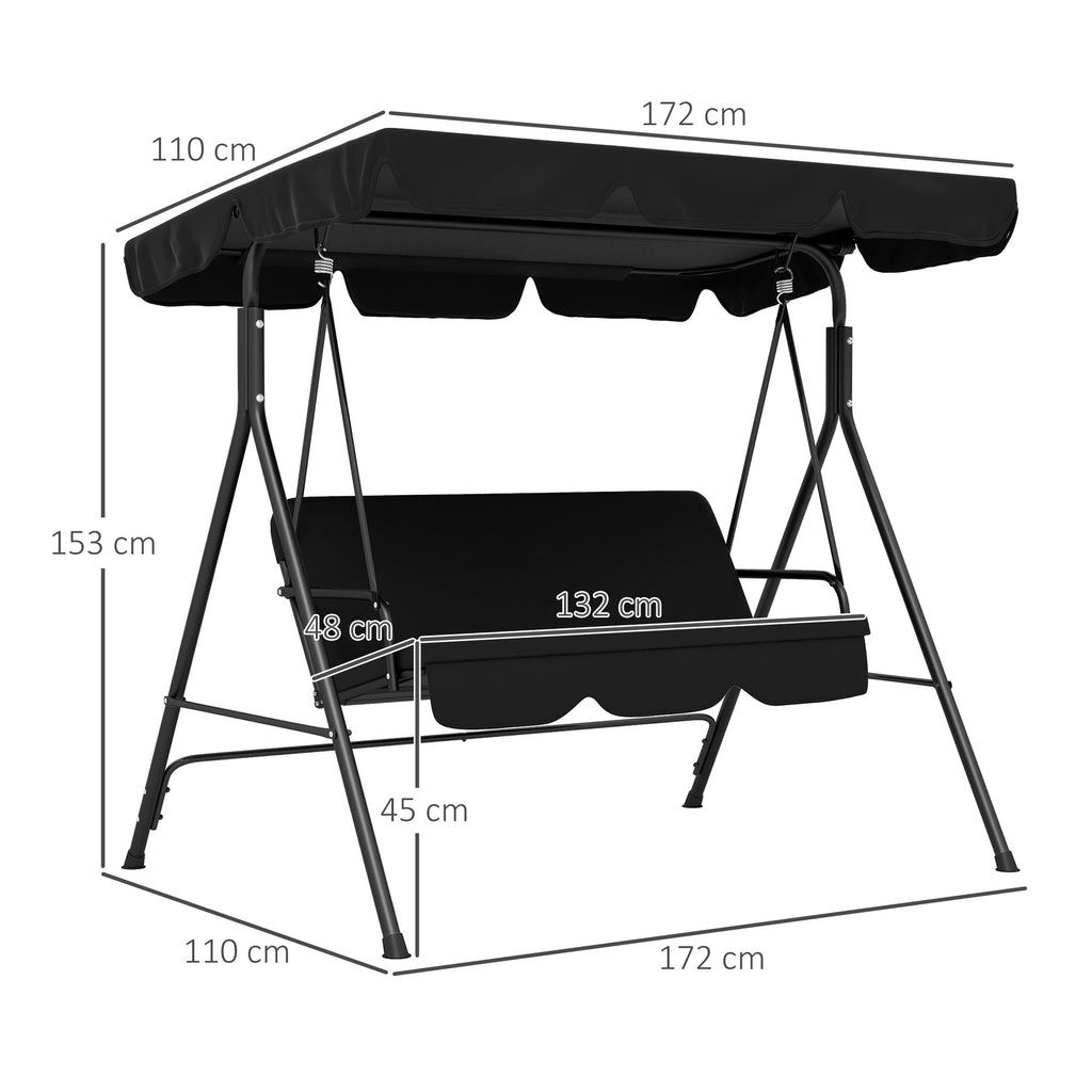 Baloiço de Jardim de 3 Lugares com Almofada Toldo Ajustável e Estrutura de Aço para Balcão Terraço Patio Carga Máx. 200 kg 172x110x153 cm Preto — foto 3