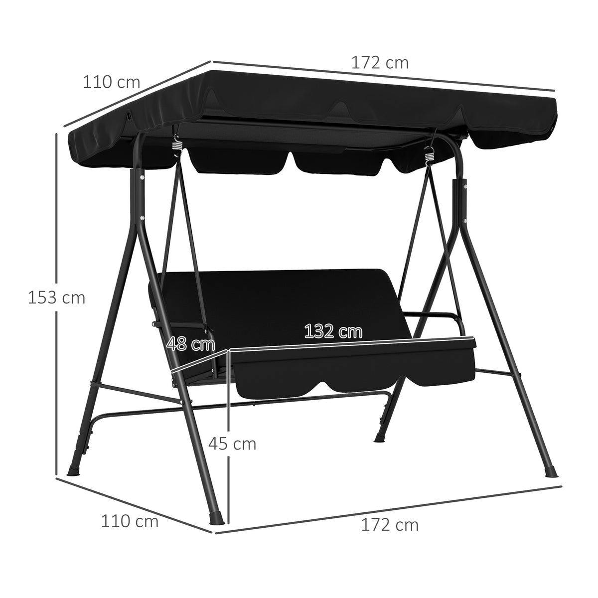 Baloiço de Jardim de 3 Lugares com Almofada Toldo Ajustável e Estrutura de Aço para Balcão Terraço Patio Carga Máx. 200 kg 172x110x153 cm Preto — foto 3