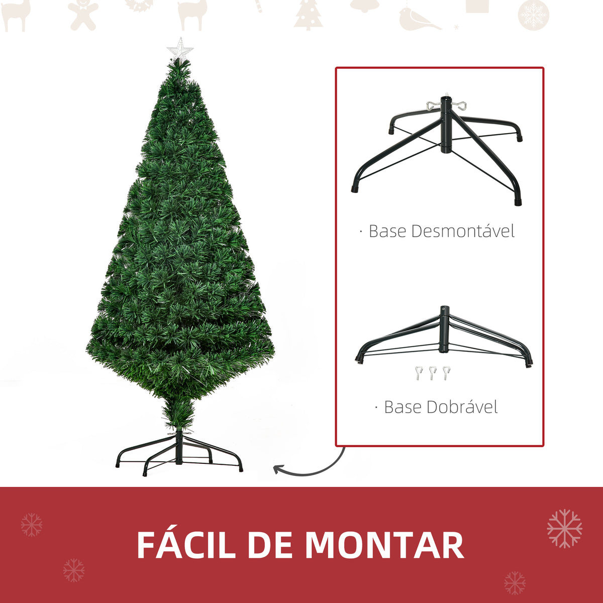 Árvore de Natal Artificial 150 cm Árvore de Natal com Fibra Óptica e Suporte Metálico Decoração de Natal Ø75x150 cm Verde — foto 6