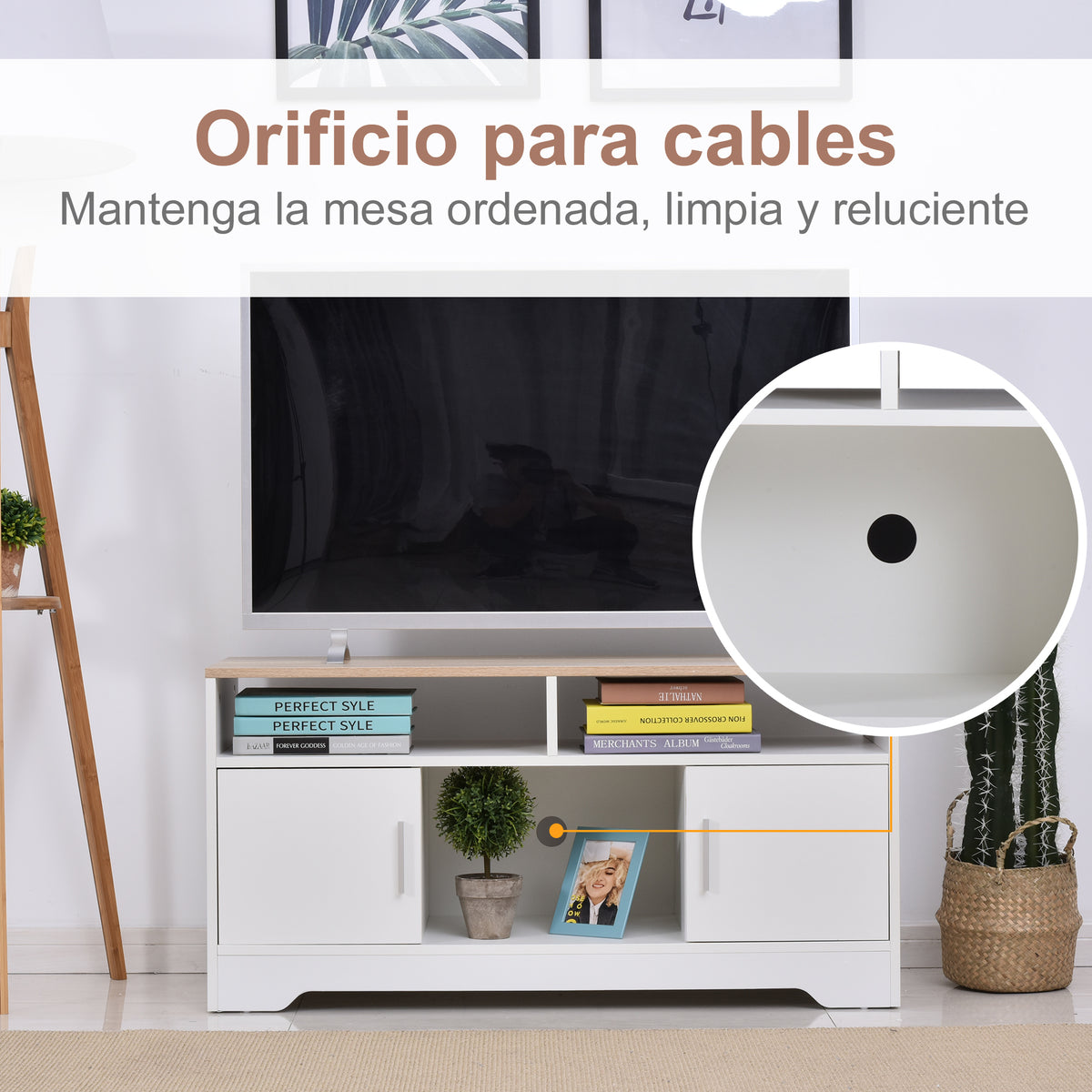 Móvel de TV para Sala de Estar Móvel de TV com Amplo Espaço de Arrumação Prateleiras Abertas Orifício Passa Cabos 105x40x52 cm Branco e Madeira — foto 5