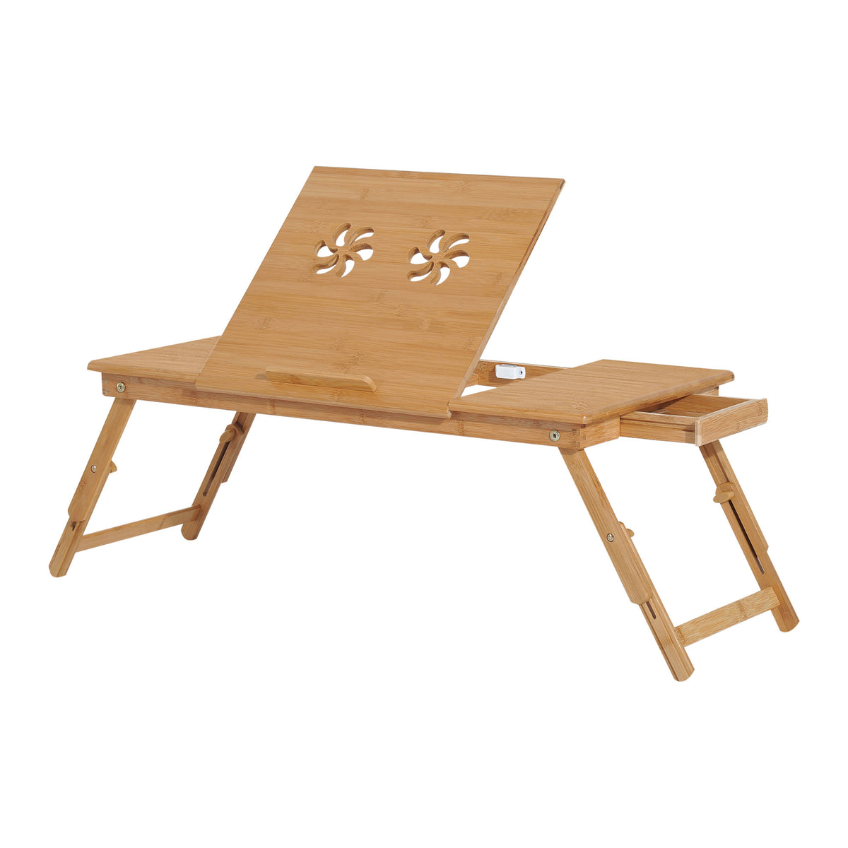 Mesa de Computador Portátil de Bambu Dobrável Reclinável e Altura Ajustável Mesa Auxiliar com1 Gaveta 72x35x22-30 cm Madeira — foto 1